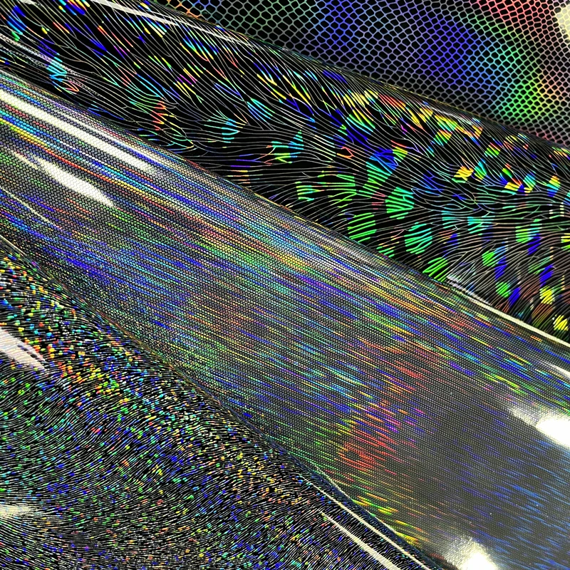 Shiny Hologram Synthetic PU Mirror Holographic Iridescent Leather Fabric For Bags Bow Crafting Glitter Woven