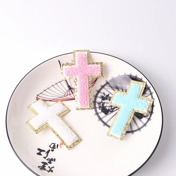 Wholesale Christian cross embroidery iron on patch silver glitter fuzzy chenille Jesus cross patch iron on for clothing hat