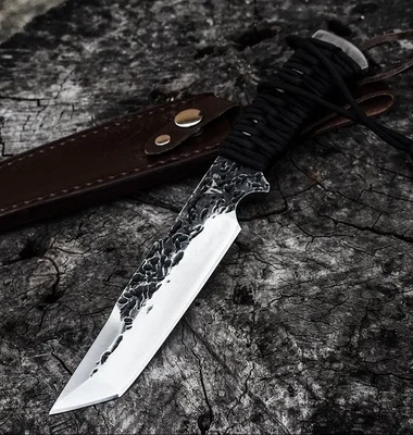 Wholesale outdoor camping survival self-defense steel knife with leather knife set fixed blade knife with sandalwood handle