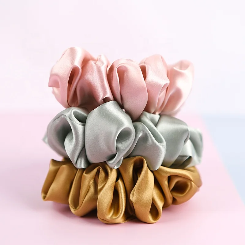2022 new style 100% silk big size oversize satin silk scrunchies custom satin material  color scrunchies