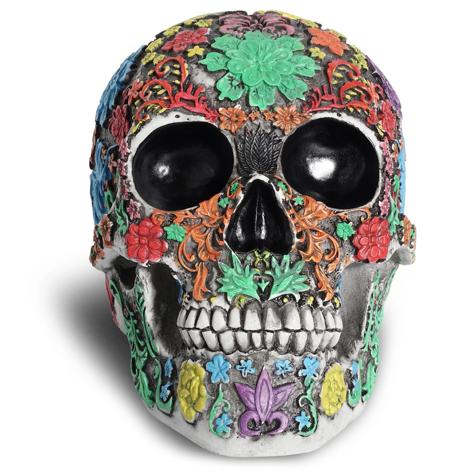 Halloween Highly Realistic Floral Pattern Human Skull Head Statue Decor