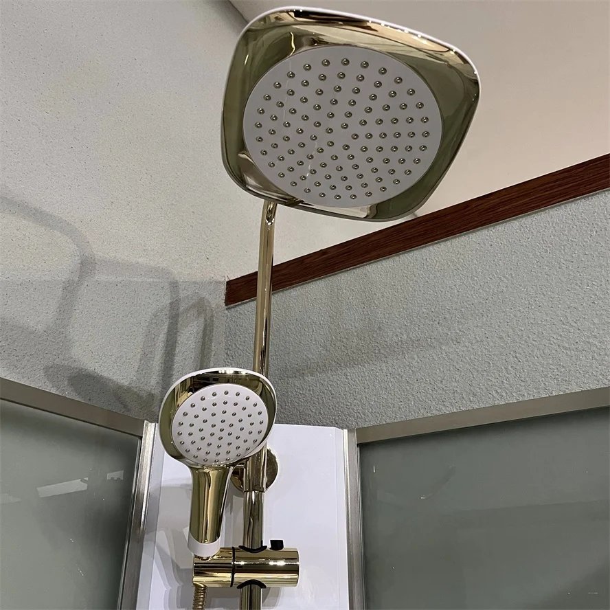 Oumeiga Modern 80*80*225cm Portable Gold Shower Cabin with White ABS Tray & Sliding Door Aluminium Frame Brushed Finish Home Use