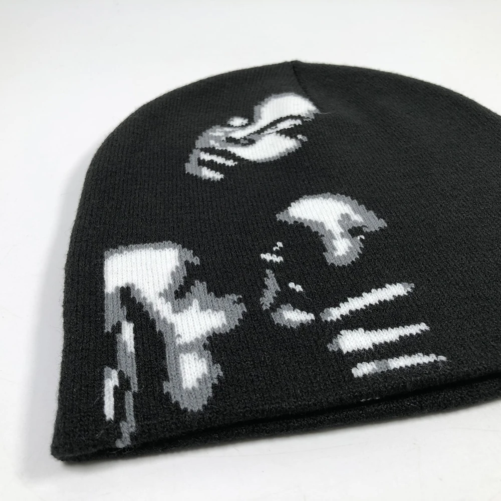 OEM custom logo pattern no fold beanie Men fashion black knitting winter hats Wind proof skull acrylic sports hip hop beanie