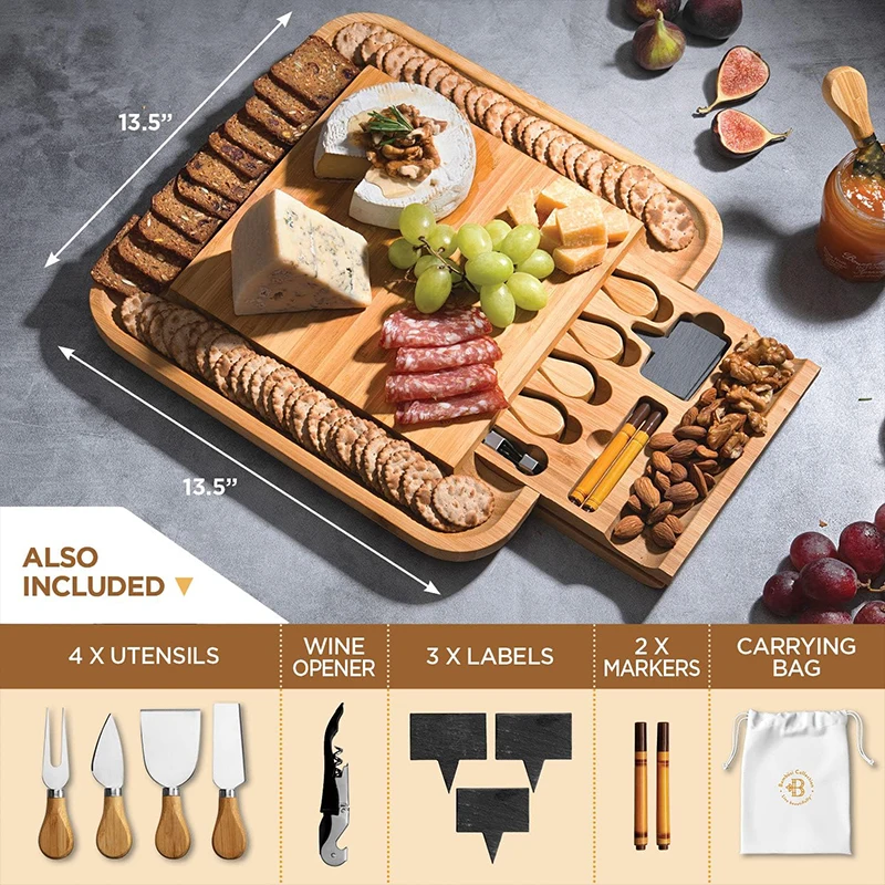 Bamboo cheese Board with cheese tool with cutlery Cheese Board Charcuterie Platter can be drawn