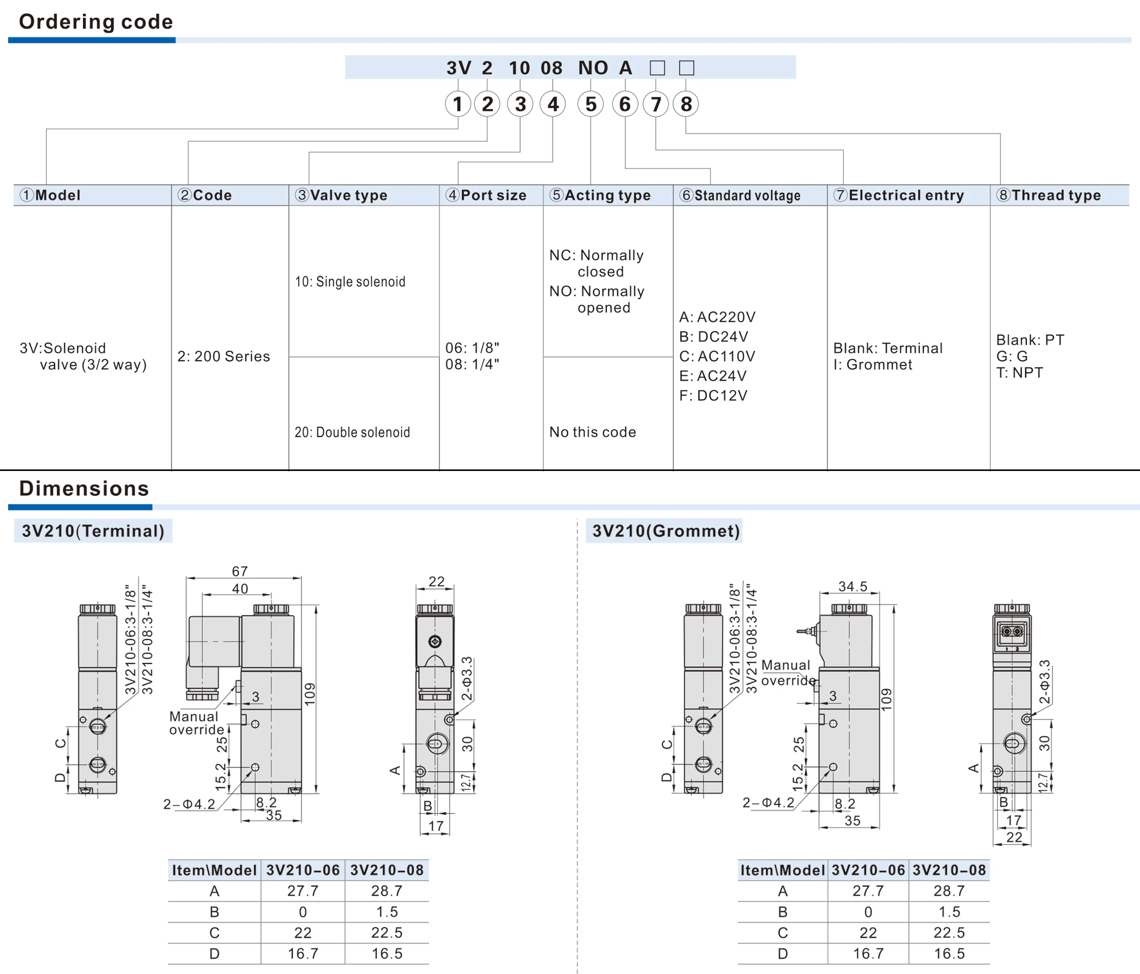 DC24V Voltage 3V210-06 3V210-08 3 Way 2 Position Pilot Solenoid Valve 3V Air 3/2 Vavle AC220V DC12V