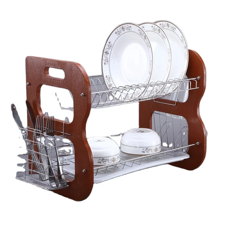 Wooden Kitchen Bowl Plate Organizer Stainless Dish Drying Rack with draier board