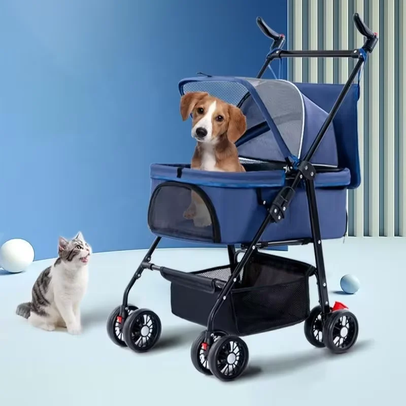 Foldable Pet Stroller City Walk 4 Wheels Baby Strollers Pet Carriers Stroller For Dogs And Cats With Storage Basket