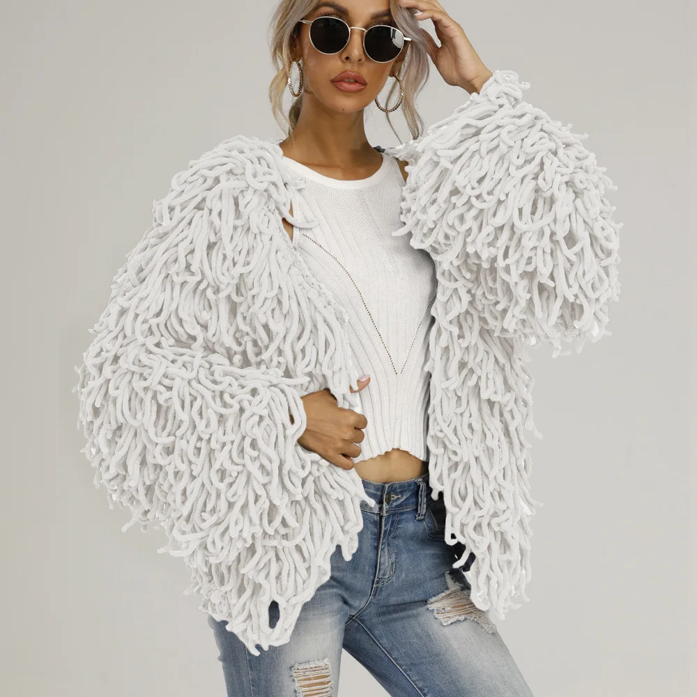2021 Hot Popular personality woven jacket female autumn and winter tassel loose coat fashion knit cardigan