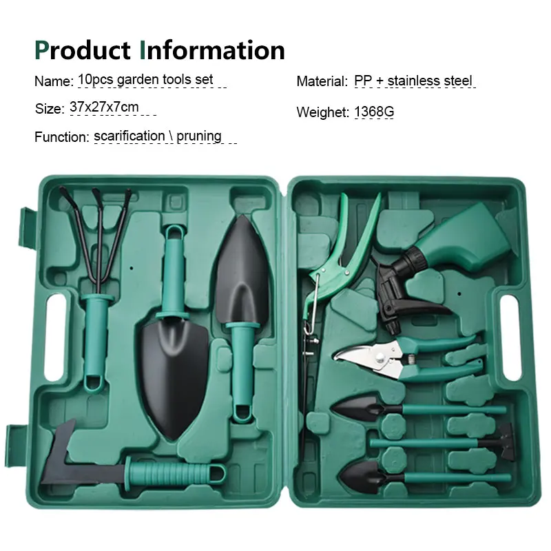 Customized Green 10Pcs Sprayer Pruning Tools Kit Garden Hand Working Tool Sets Garden Tools Set Box for Adults&Kids