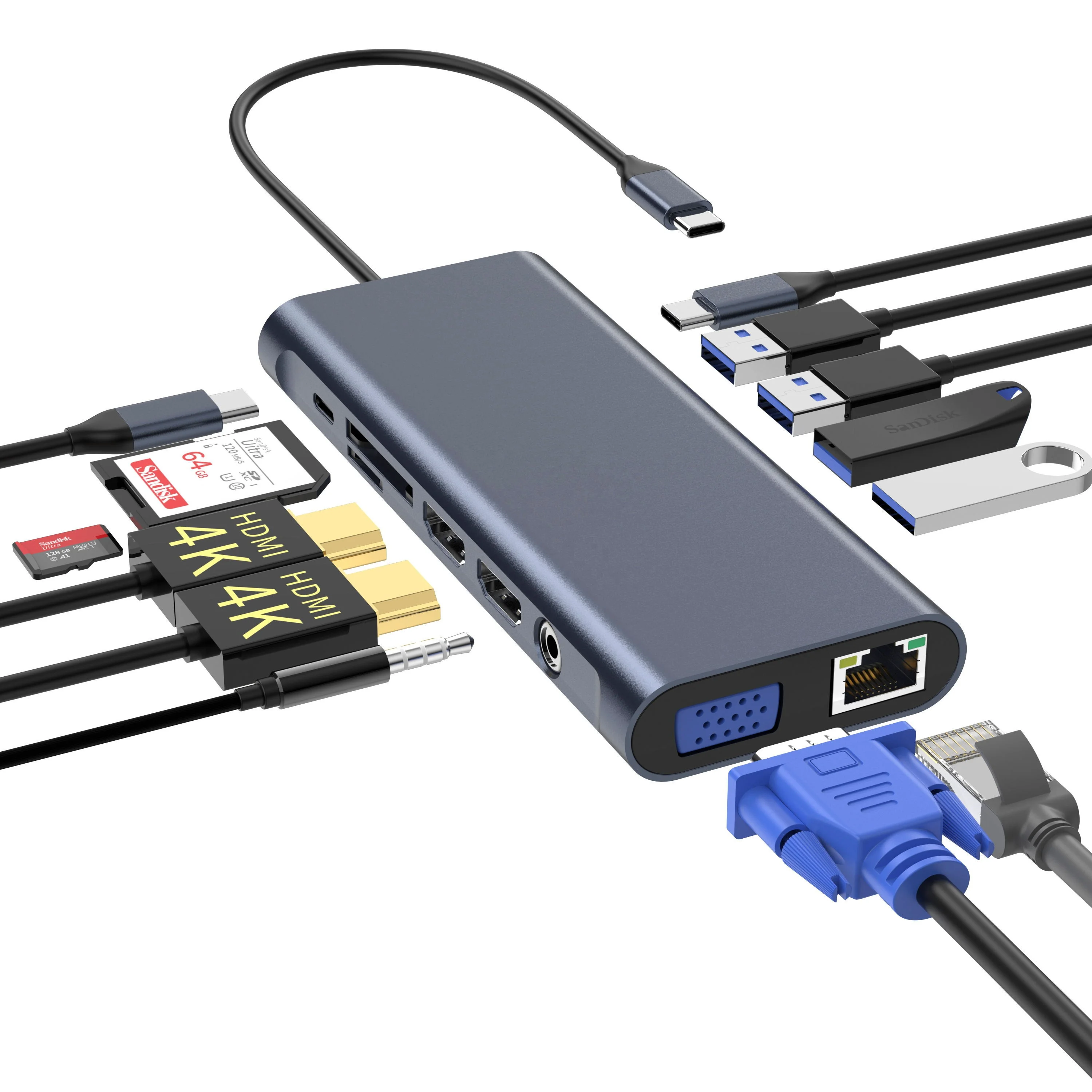 13 in 1 USB C to 4K Dual HDMI Hub with Ethernet,VGA, Audio,4 USB,SD/TF Card, 2 USB-C for Macbook Pro and Samsung S9 S10 etc