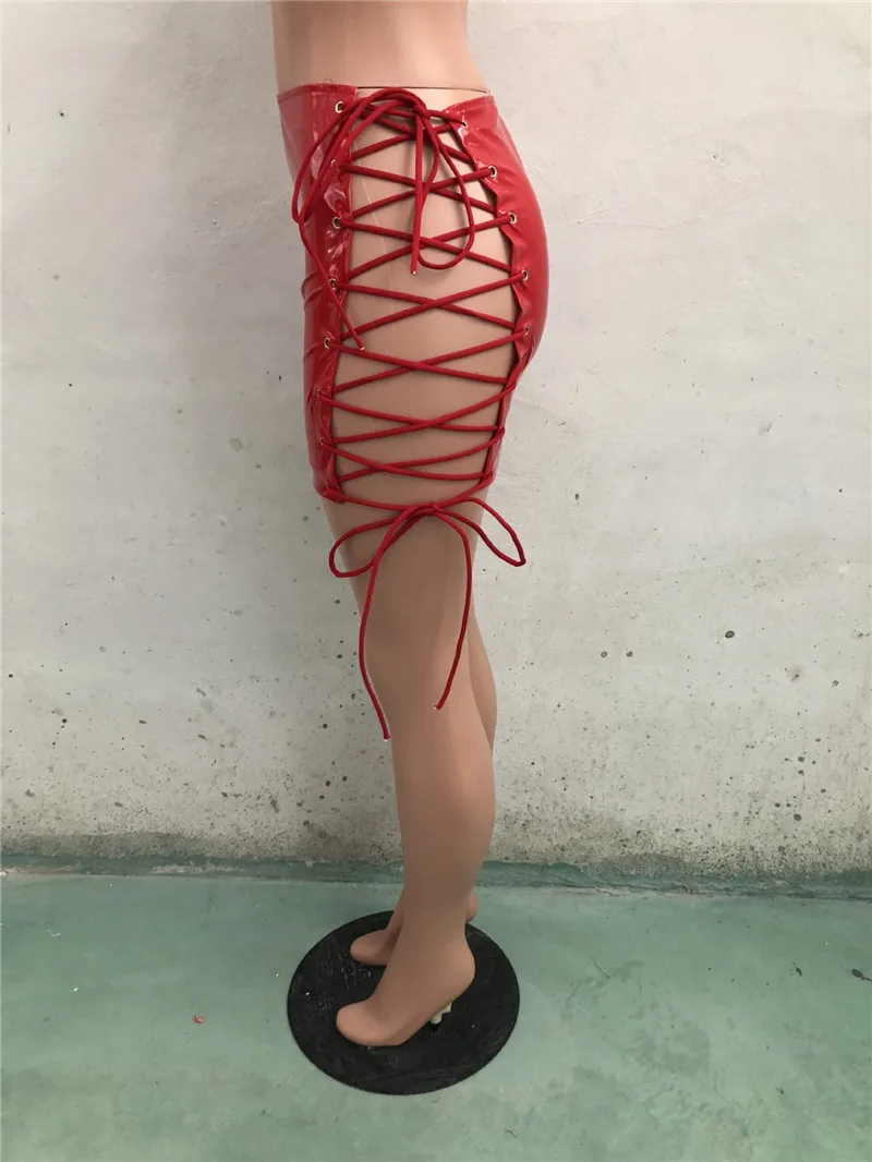 B30183A 2018 Latest lace-up design patent leather shining PU sexy skirt