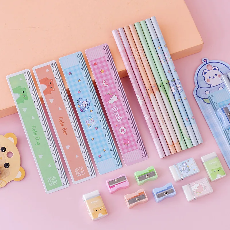 Five Piece Stationery Set Children Birthday Gift Cute Kawaii Set Wholesale Ruler Rubber Pencil Sharpener