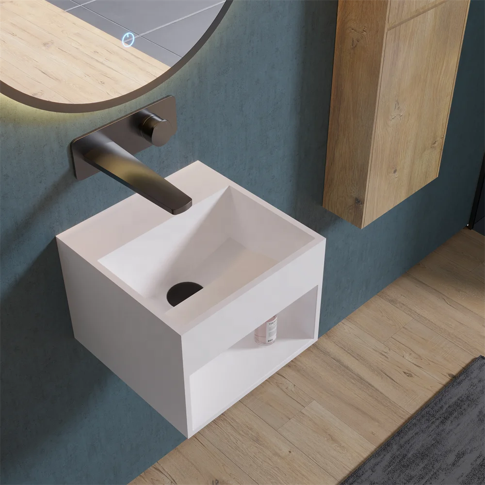 Small Rectangular Stone Resin Wall-Hung Sink Polished Hand Wash Basin with Towel Holes Wall Mounted Bathroom Accessory Drainer