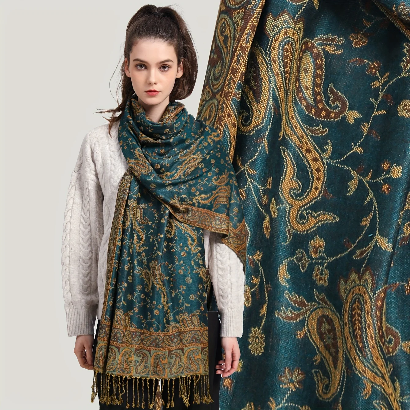 Soft elegant design luxury paisley pattern pashmina shawl  woven jacquard custom pashmina scarf hijab headscarf