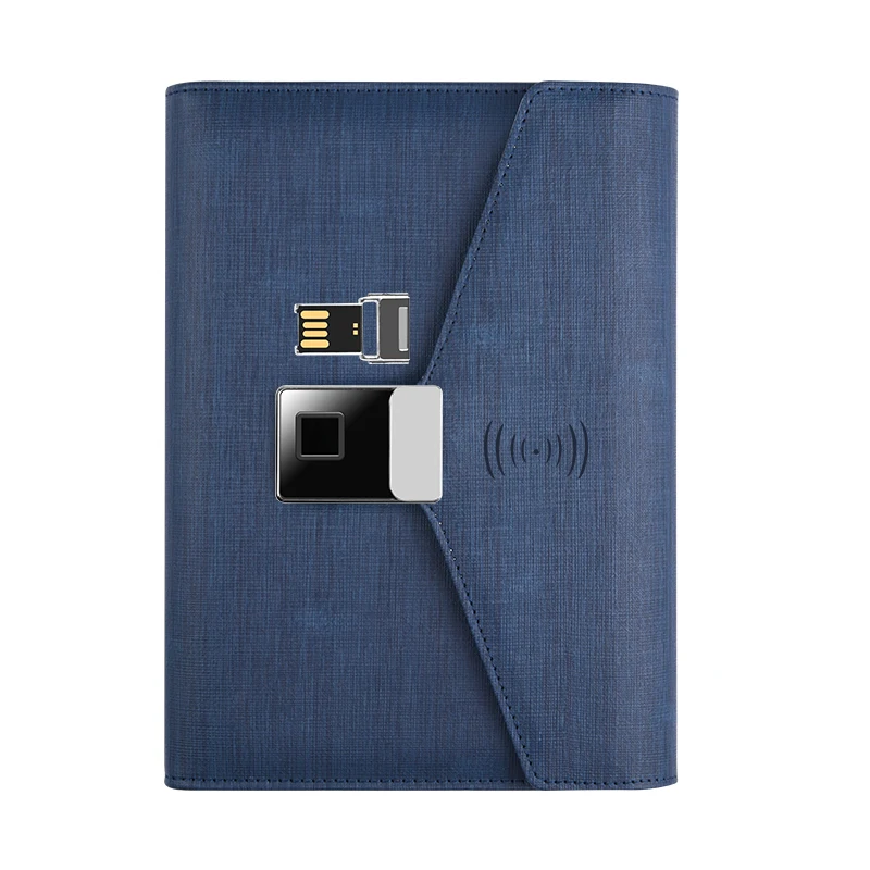 Updated leather notebook wireless charger 3 folder finger print lock power bank planner diary notebook with USB flash drive