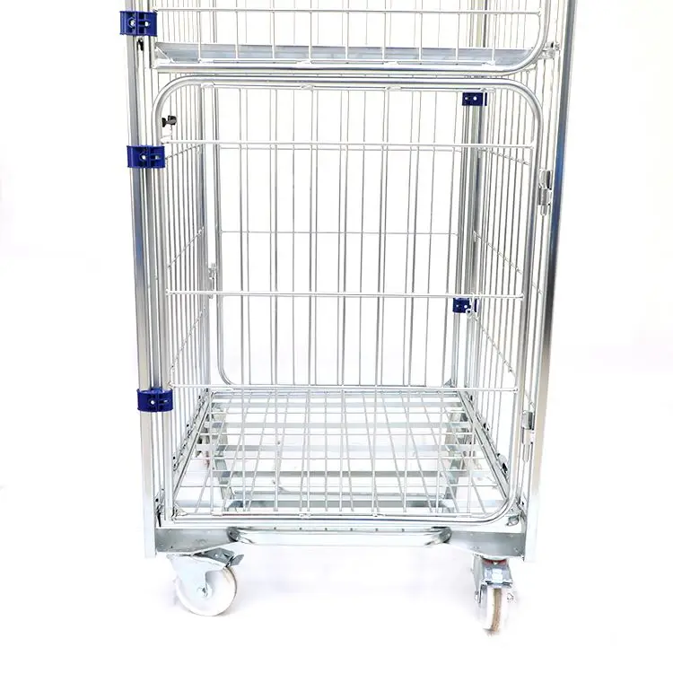 Metal High Capacity Galvanized Stackable Foldable Warehouse Collapsible 4 Sides Roll Cage Trolley