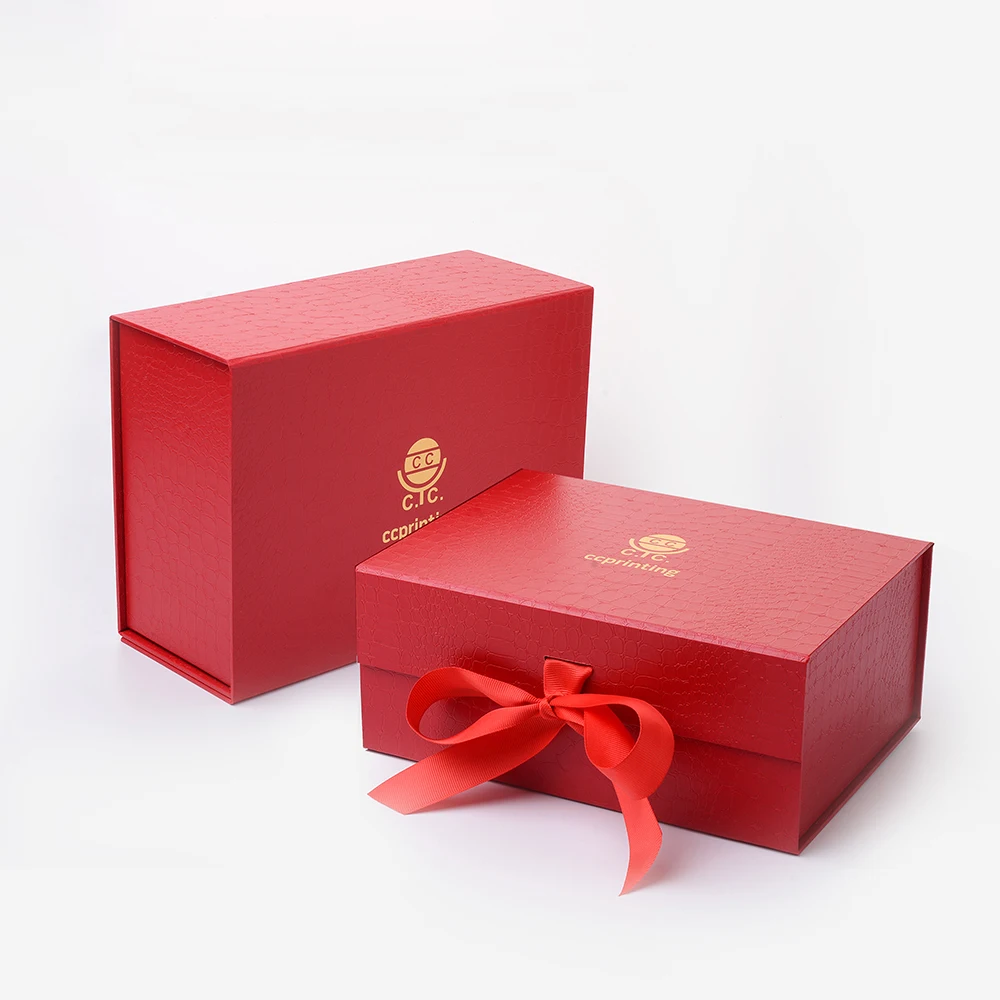 
Custom Logo Luxury Full Dress Red Paper Cardboard Magnetic Folding Gift Box With Ribbon Closure 