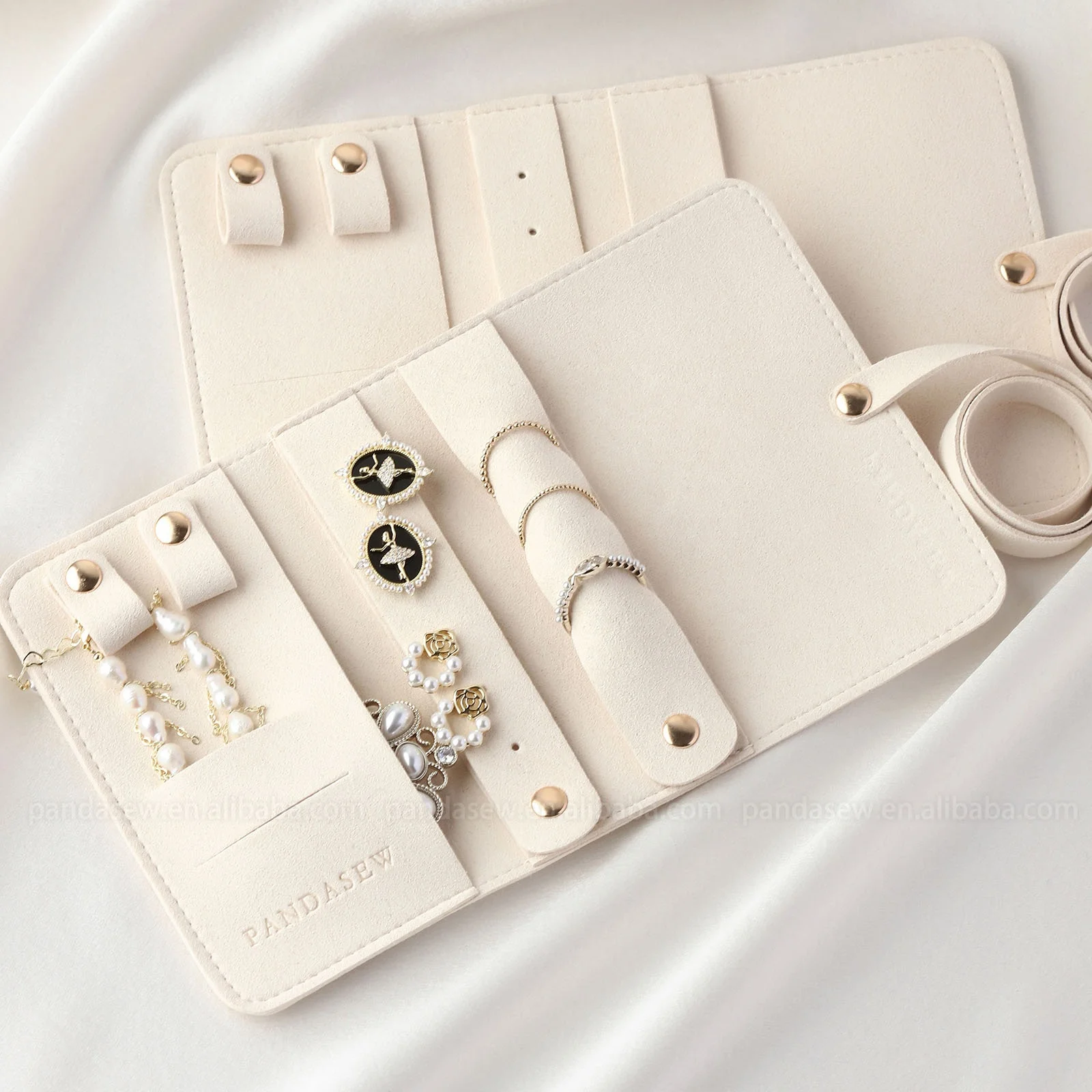 PandaSew custom logo multi-functional microfiber travel roll pouch jewelry organizer for Rings Necklaces Earrings Bracelets