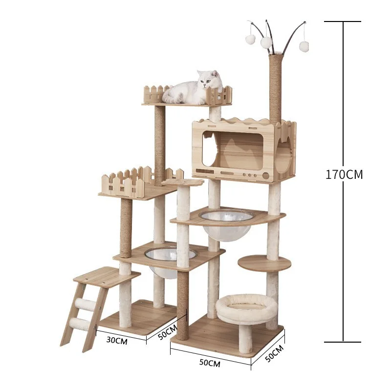 65-Inch Wooden Cat Tree Tower for Indoor Cats Large Nest with Scratching Posts Perches Caves Wool Space Capsule