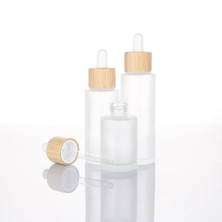 Custom color logo printing 30ml 50ml 30g 50g frosted empty skin care glass cream jar lotion pump bottle Wood grain seal cover