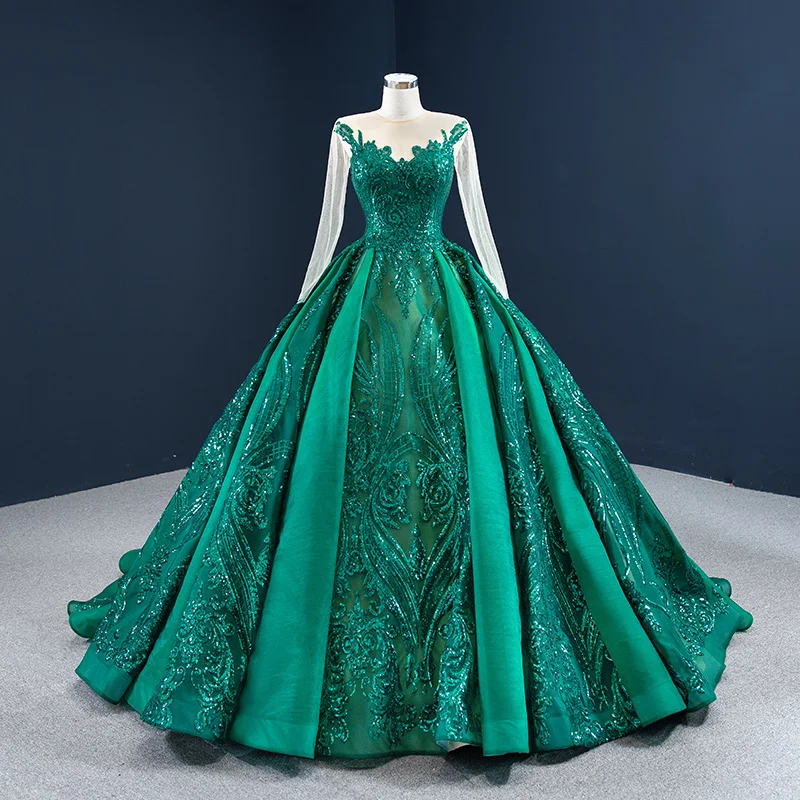 
Green Elegant Long Sleeve Lace Women Beaded Sequins with Ball Gown Party Evening dresses 