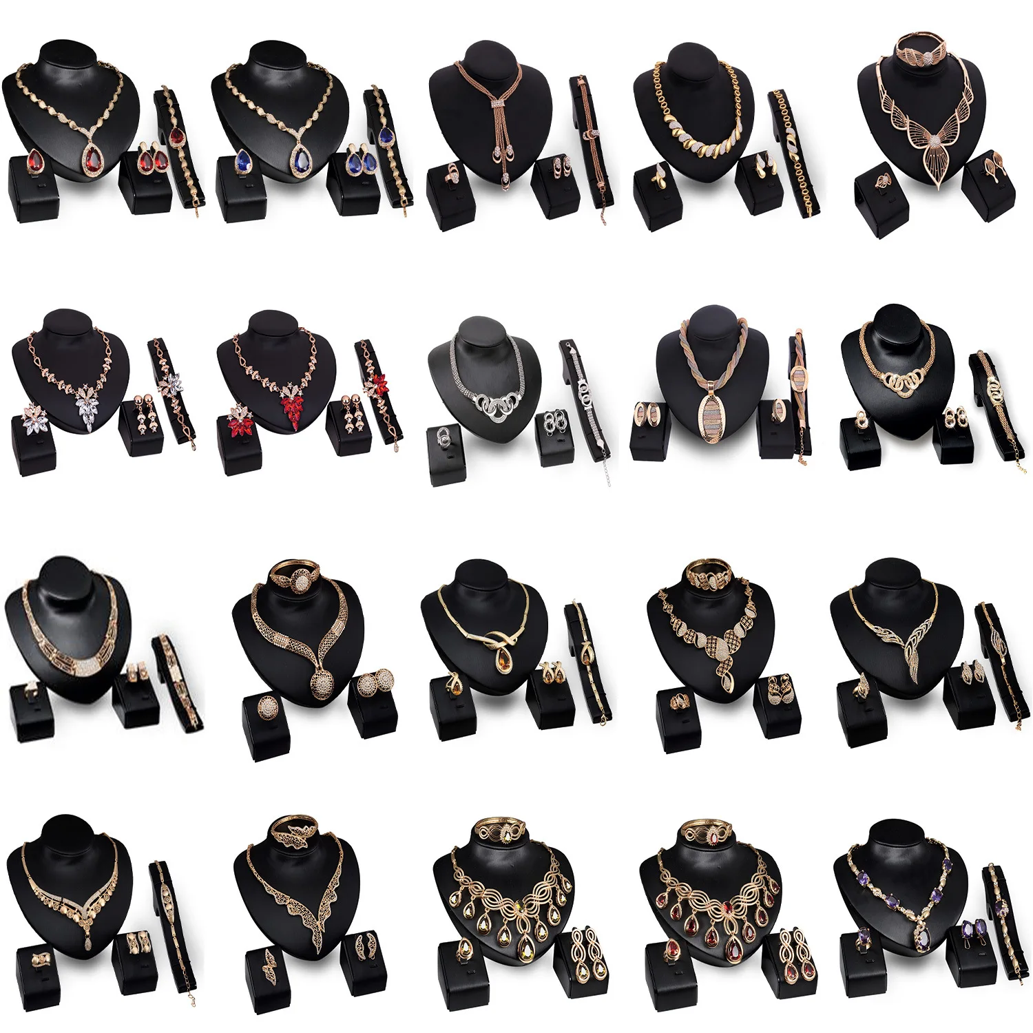 Gold Colorful Jewelry Sets For Women Crystal Necklace Earring Bracelet Ring Moroccan Bridal Wedding Party Gifts Factory Price