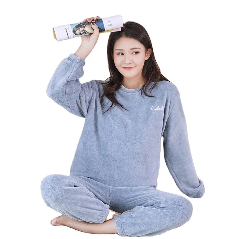2021 2 Piece Wholesale Fall Winter Ladies Coral Fleece Homewear Set Thicken Warm Women Flannel Pajamas Sets