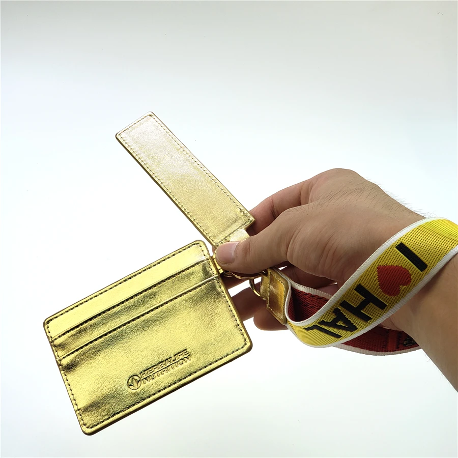 Custom logo PU leather credit/name card holder with wrist strap