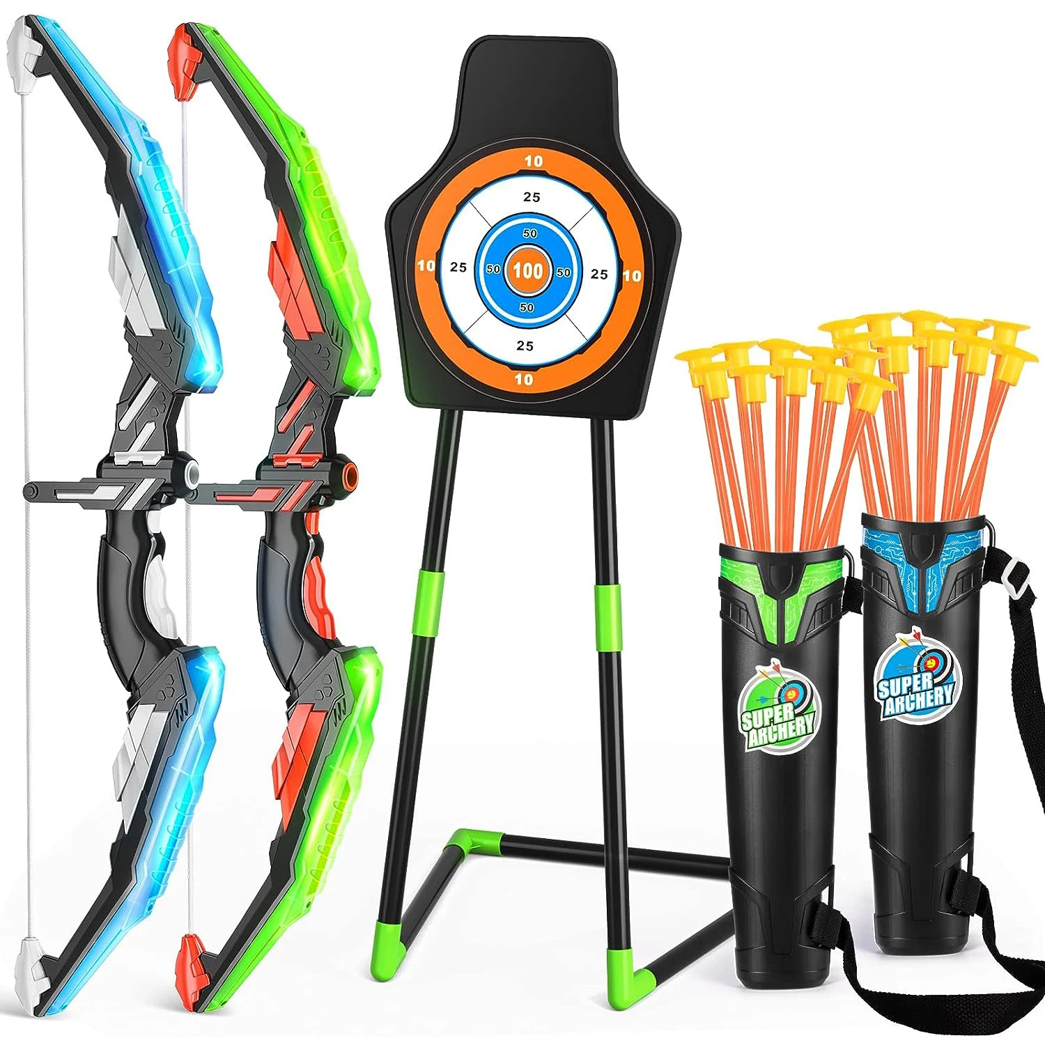 2 Pack Archery Bow and Arrow Toys Set for Adults Kids Boys Girls Indoor Outdoor Toy with 20 Suction Cup Arrows and Target