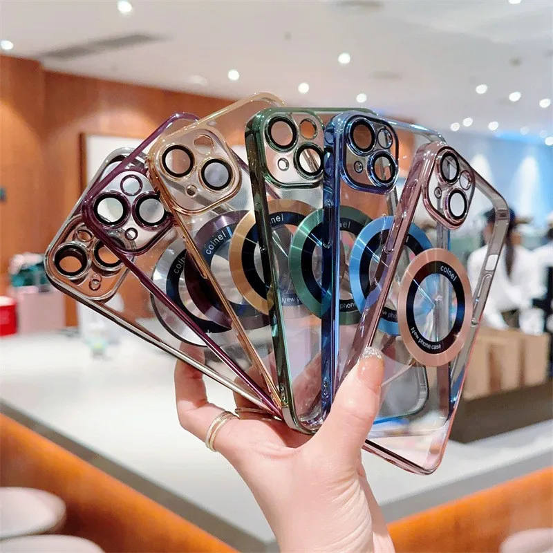 Luxury Phone Case For iPhone 14 Pro Max 12 16 11 13 Pro 15 Plus Acrylic PC Platingf Hard Cover with camera protector Anti-yellow