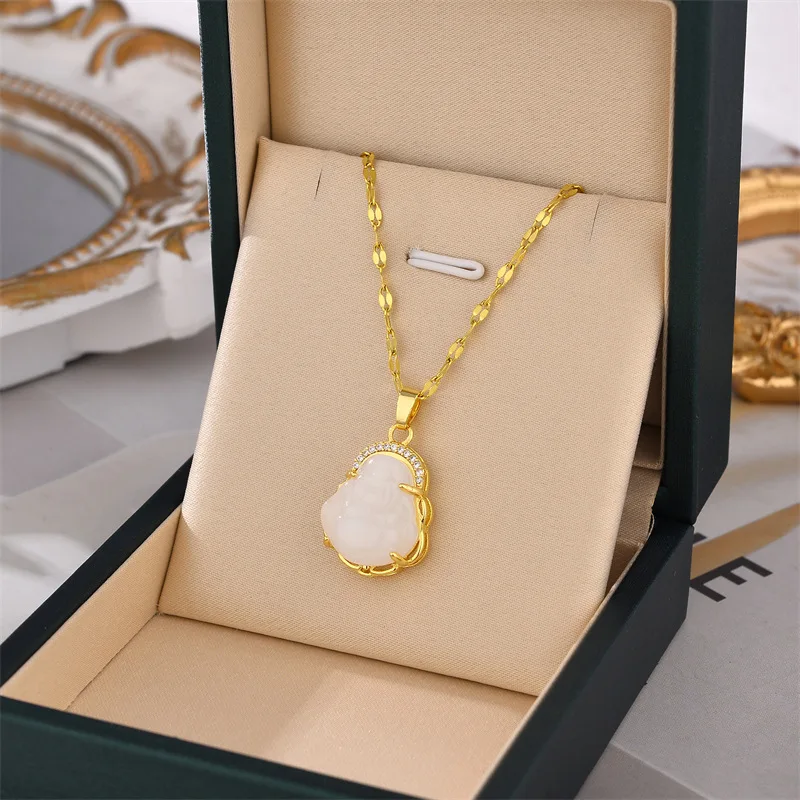 Wholesale Mini Green Jade Buddha Pendant Necklace Non-fading Gold Plated Stainless Steel Maitreya Lucky Necklaces