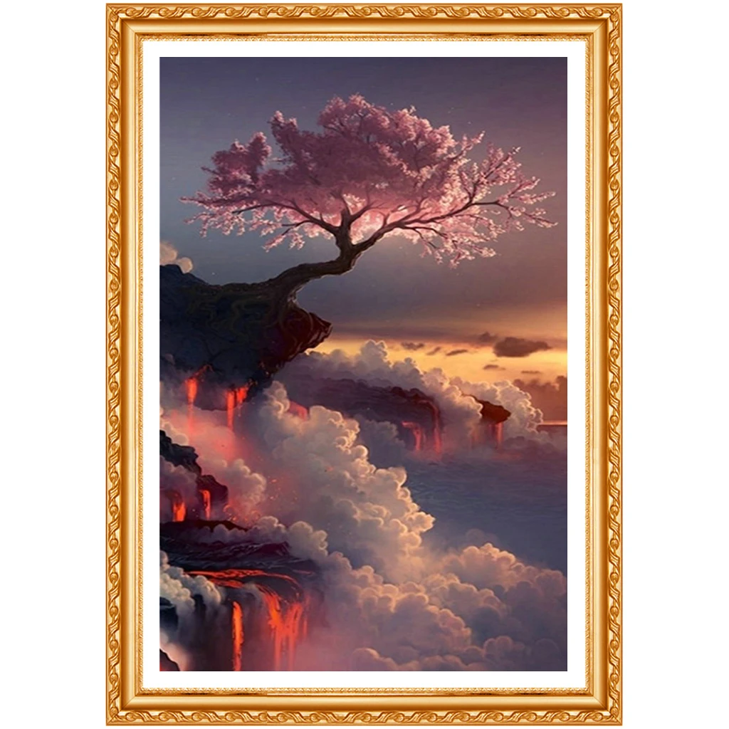 Square Sakura Diamond Embroidery Cherry On the Volcano Picture Rhinestone Embroidery Crystal Diamond 5D Diamond Painting kit 4.9