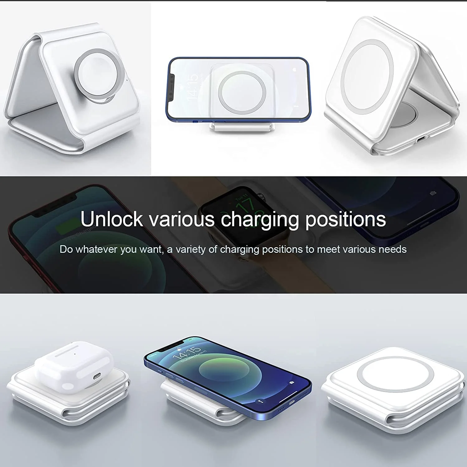 15W 3 in 1 Foldable Wireless Charger Magnetic  Wireless Charger Folding  Qi Wireless Charger Stand for Iwatch for Airpods