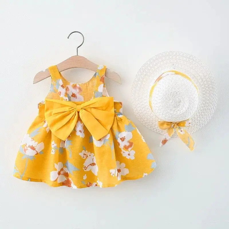 kids clothing bow knot girl dress summer baby dresses with hat