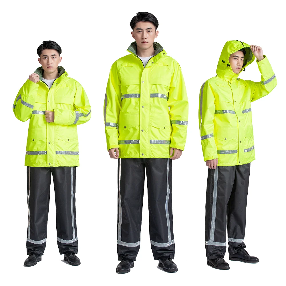 High quality waterproof heavy duty raincoat rain jacket with reflective tape rain suit