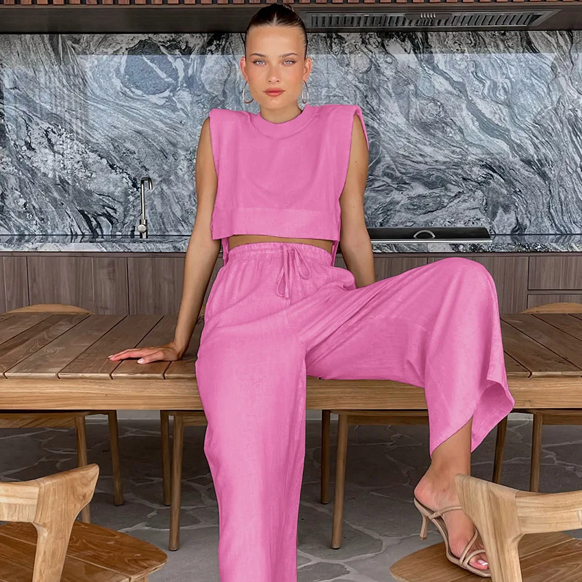 Women Sleeveless top and pants two-piece set casual fashion cotton linen set for women