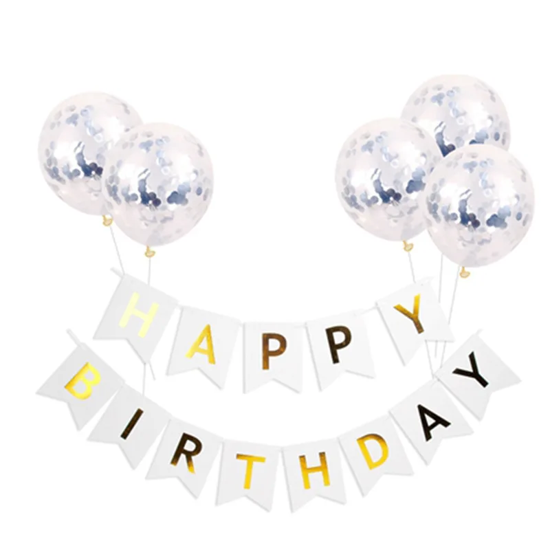 Children Adult Pull Flags Birthday Banner With Gold Black Confetti Balloon Decoration Set