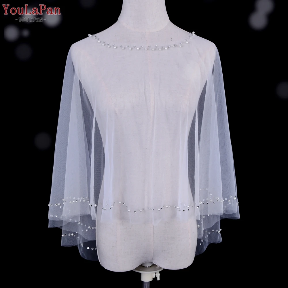 YouLaPan VG27B Wholesale Women Bolero Rhinestone Pearl Thread Round Neck Pullover Cover Up Bridal Wedding Dress Tulle Shawl Cape