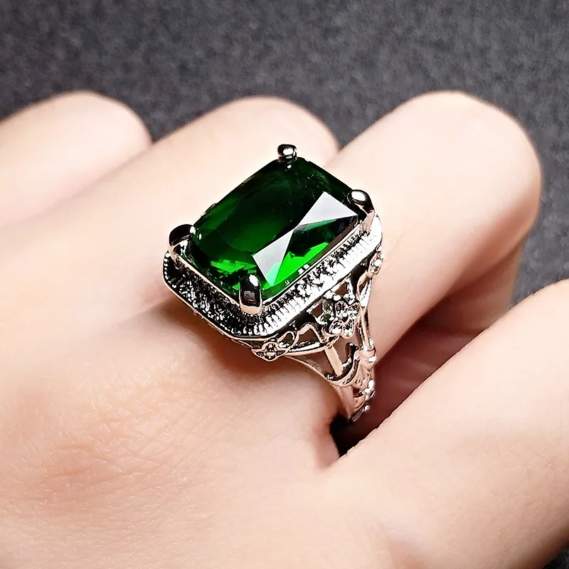 Factory Hot Sale New Pigeon Blood Red Ruby Engagement Ring Cutout Pattern Square Jewelry Emerald Tourmaline Rings