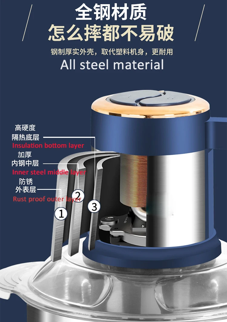 Multifunctional Kitchen Home 2L 3L 5L Food Vegetable Meat Chopper Stainless Steel Mini Meat Mincer Electric Meat Grinders