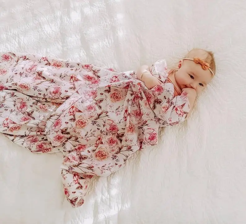 Newborn Baby Cocoon Swaddle Wrap with Beanie Hat Set Floral Receiving Blanket for Girls and Boys M3154