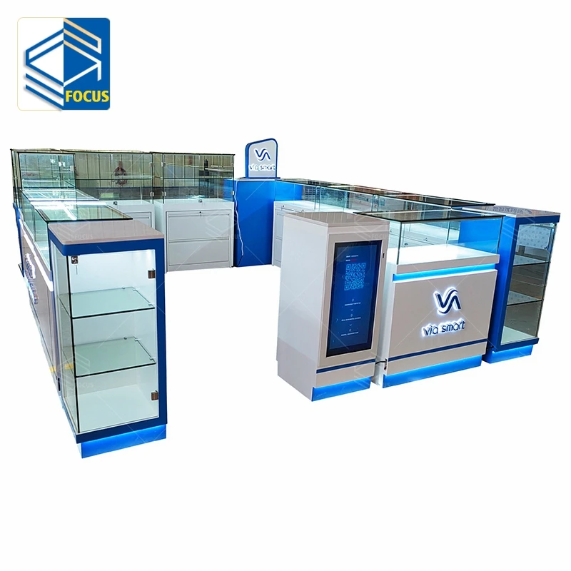 Cellphone Store Display Case Arrangement Free Standing Tempered Glass Wooden Display Cabinet Mobile Phone Shop Product Showcase