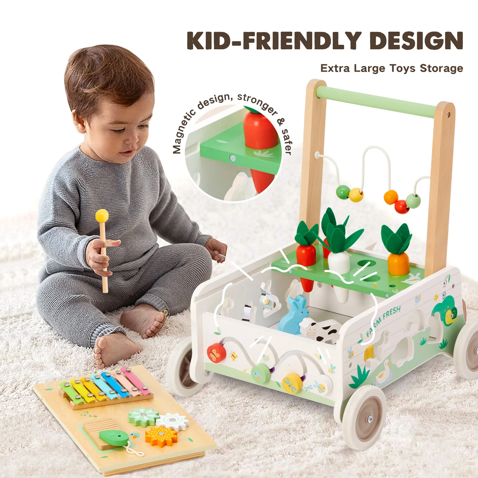 Anti-Rollover Puzzle Shape Paired Toy Wooden Baby Walker Multi-Functional Farm Toddler Stroller For Children