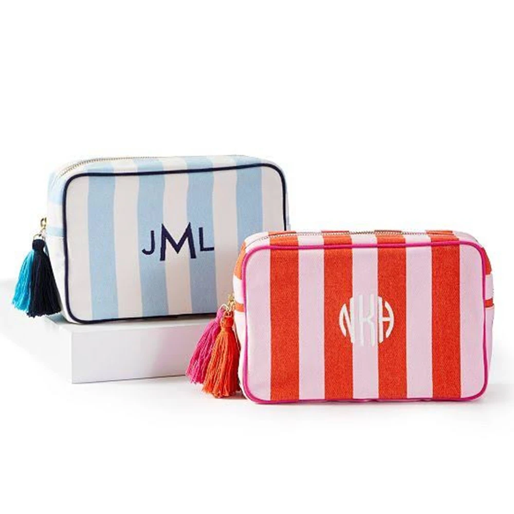Embroidery Customization Stripes Canvas Natural With Tassel Cosmetic Pouch Makeup Bag