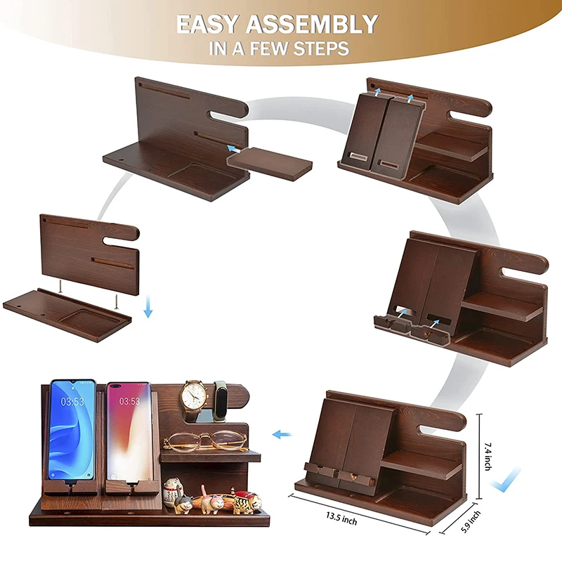 Wood Phone Docking Station and Nightstand Organizer Holds Cellphone Key Smartwatch Wooden Charging Station Accessory