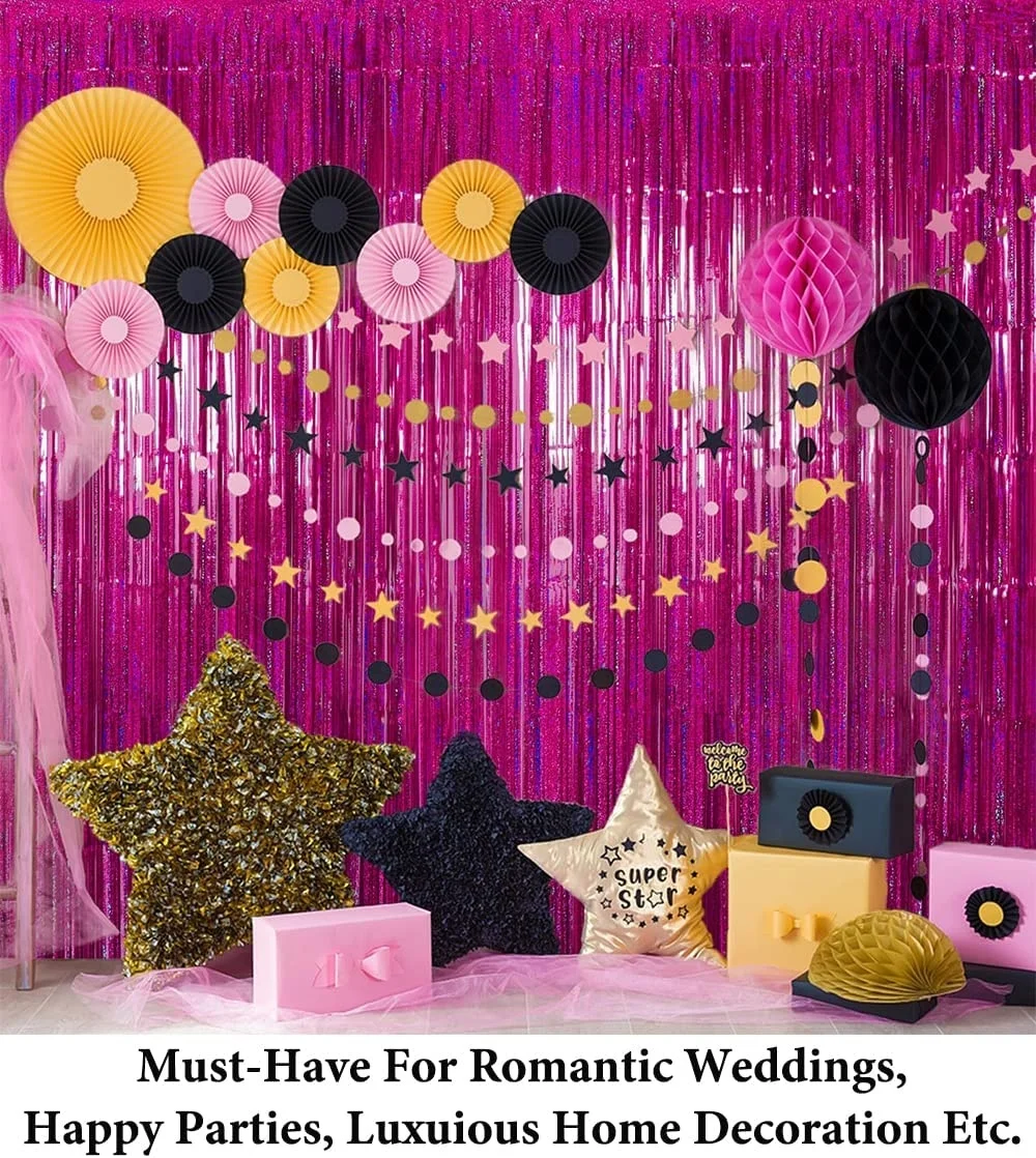 2Packs 3.3FTx6.6FT Foil Fringe Curtains Party Decorations Hot Pink Sparkle Metallic Foil Curtains for Party Photo Backdrop