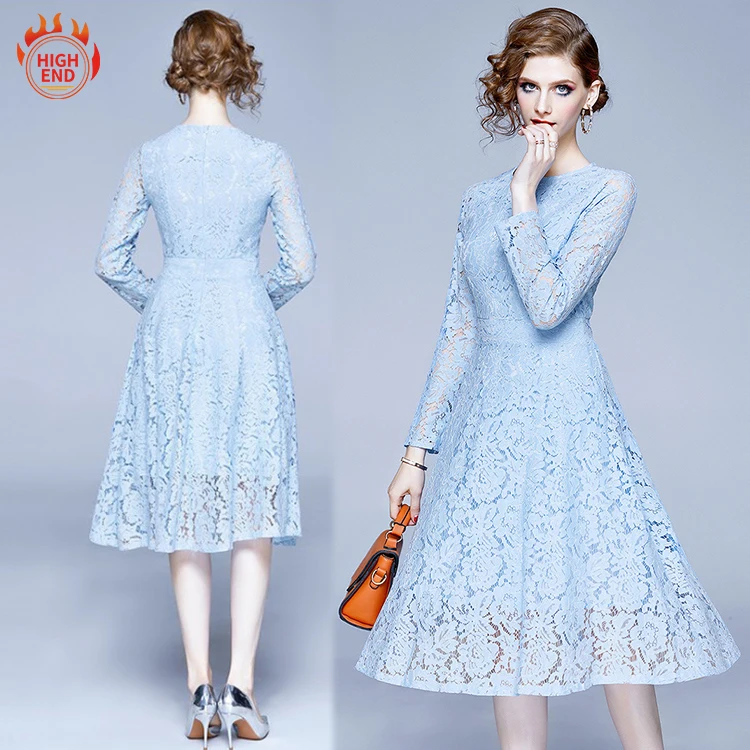 
2021 Autumn Jacquard Hollow Out Lace Fashion Midi Dress Long Sleeves Women Casual Dresses 