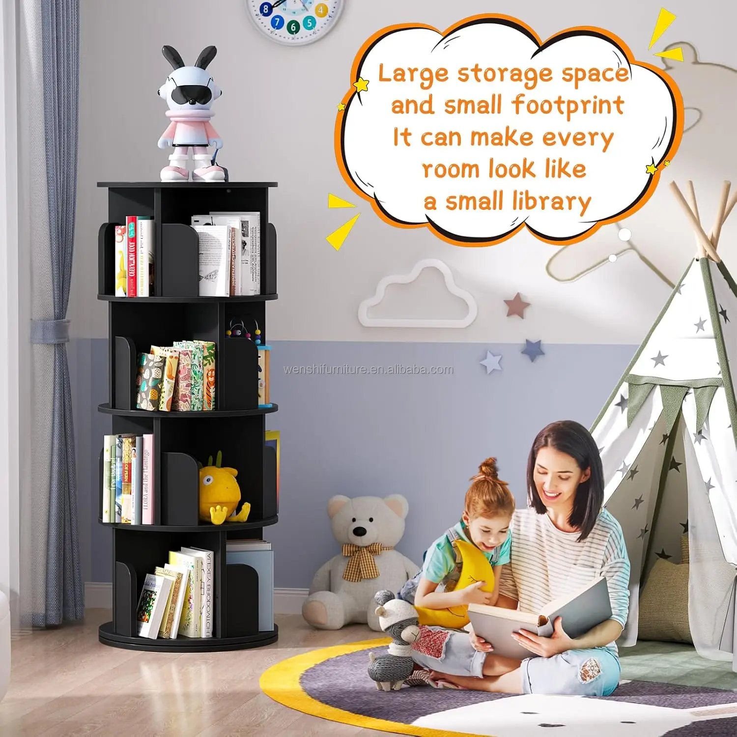 Rotating Bookshelf, hips Corner Bookshelf, 360 Display Spinning Bookcase Storage Rack, 4 Tier Floor Standing