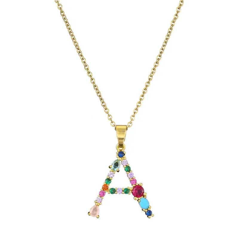 Fashion Jewelry wholesale Multi Color Cubic Zircon 26 Alphabet Initial Letter Pendant Necklace New Colorful Gemstones Jewelry