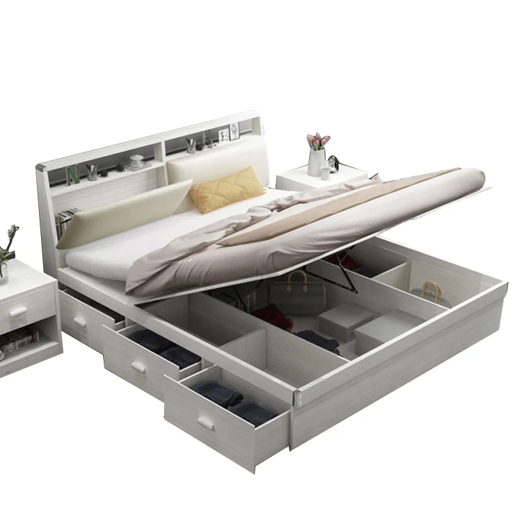 Modern Furniture White Wood Solid Plywood Double Bed With Storage